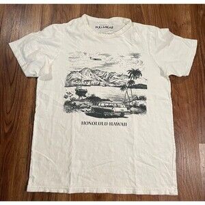 Pull & Bear Graphic Short Sleeve T-Shirt Mens Size Small White Honolulu Hawaii